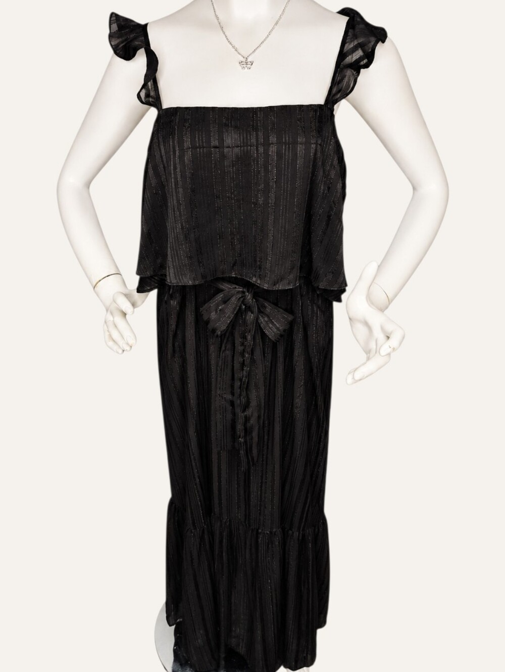 NWT Andrée Black Shimmer Ruffle Strap Maxi Dress Large Wedding Guest